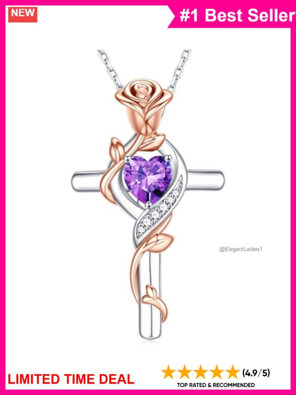 925 Sterling Silver Rose Cross Necklace with Amethyst Birthstone
